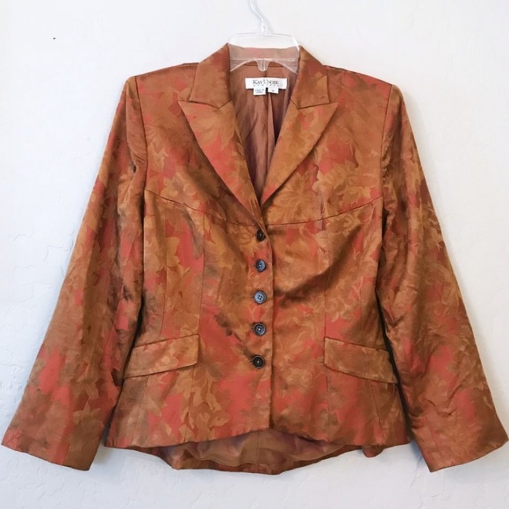 Kay Unger Fitted Silk Jacket, Longer Back Gold Red Lined Sz 6 #340